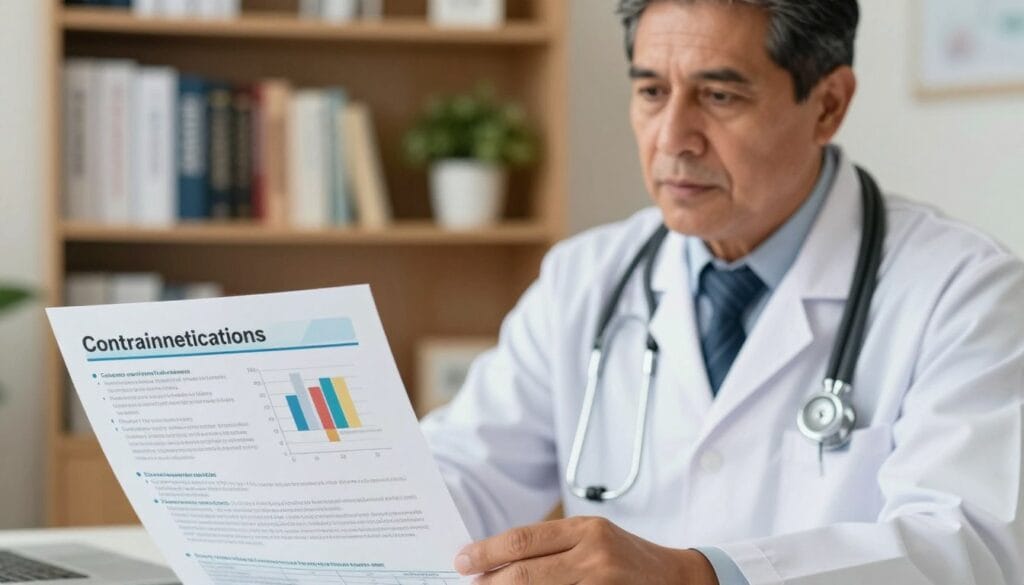 A professional setting illustrating the serious topic of medication contraindications. In the foreground, a close-up of a medical pamphlet displaying detailed charts and bullet points, clearly presenting drug side effects and warnings. The middle ground features a well-dressed healthcare professional, a middle-aged Hispanic man, analyzing the pamphlet intently, with a stethoscope around his neck. In the background, a softly lit office with bookshelves filled with medical texts and a potted plant, imparting a calming atmosphere. The overall lighting is warm and focused, creating a serious yet informative mood, perfect for a medical discussion. The image captures the importance of understanding medication risks without explicit content.