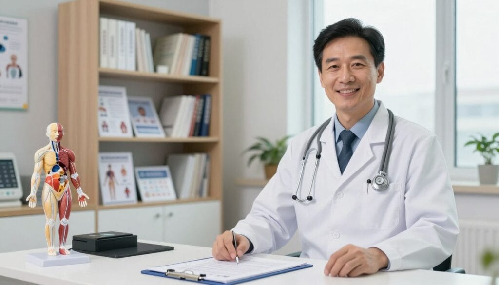 A professional urologist in a medical office setting, standing confidently with a reassuring smile, wearing a pristine white lab coat, a stethoscope around his neck. In the foreground, a well-organized desk with medical charts and a model of the human anatomy on the side. In the middle ground, shelves filled with medical books and patient care brochures, emphasizing a welcoming and informative atmosphere. The background features a window with soft natural light illuminating the room, creating an inviting and calming environment. The overall mood conveys professionalism, trust, and accessibility, ideal for a consultation on men's health issues. Use a realistic style, shot from a slightly low angle to enhance the sense of authority and expertise. A professional urologist in a medical office setting, standing confidently with a reassuring smile, wearing a pristine white lab coat, a stethoscope around his neck. In the foreground, a well-organized desk with medical charts and a model of the human anatomy on the side. In the middle ground, shelves filled with medical books and patient care brochures, emphasizing a welcoming and informative atmosphere. The background features a window with soft natural light illuminating the room, creating an inviting and calming environment. The overall mood conveys professionalism, trust, and accessibility, ideal for a consultation on men's health issues. Use a realistic style, shot from a slightly low angle to enhance the sense of authority and expertise.