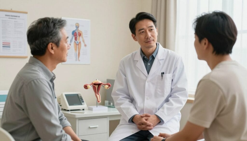 A professional urologist in a modern clinical setting, wearing a white lab coat, standing confidently beside a well-lit consultation room with medical charts and anatomical models of the male reproductive system in the background. The urologist is engaged in a consultative discussion with an attentive male patient, who is dressed in modest casual clothing, displaying a thoughtful expression. Soft, warm lighting enhances the professionalism of the environment, highlighting the importance of medical guidance. The foreground is focused on the interaction, while the middle includes medical equipment subtly placed on a desk, and the background features a window with natural light filtering through, creating a calm and reassuring atmosphere that emphasizes trust and expertise in urological care.