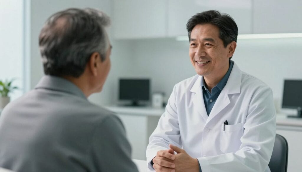 A professional urologist in a modern medical office in Brazil, talking kindly to a middle-aged male patient, soft lighting, reassuring atmosphere, cinematic style, high resolution. A professional urologist in a modern medical office in Brazil, talking kindly to a middle-aged male patient, soft lighting, reassuring atmosphere, cinematic style, high resolution.