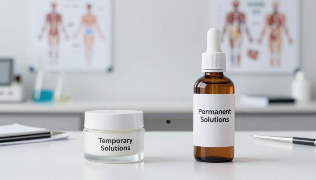 A scientifically designed composition illustrating the difference between temporary and permanent solutions for enhancement. In the foreground, present two products: a cream in an elegant jar labeled 'Temporary Solutions' and a sleek bottle labeled 'Permanent Solutions'. The middle ground features a clean, modern workspace with clinical tools and diagrams comparing the two methods subtly displayed. In the background, softly focused medical charts and anatomical illustrations on a whiteboard create an educational atmosphere. The lighting is bright and neutral, offering a professional feel, with a slight focus on the products. The overall mood should be informative and objective, emphasizing clarity and professionalism, ensuring it is a Safe For Work representation suitable for a general audience. A scientifically designed composition illustrating the difference between temporary and permanent solutions for enhancement. In the foreground, present two products: a cream in an elegant jar labeled 'Temporary Solutions' and a sleek bottle labeled 'Permanent Solutions'. The middle ground features a clean, modern workspace with clinical tools and diagrams comparing the two methods subtly displayed. In the background, softly focused medical charts and anatomical illustrations on a whiteboard create an educational atmosphere. The lighting is bright and neutral, offering a professional feel, with a slight focus on the products. The overall mood should be informative and objective, emphasizing clarity and professionalism, ensuring it is a Safe For Work representation suitable for a general audience.