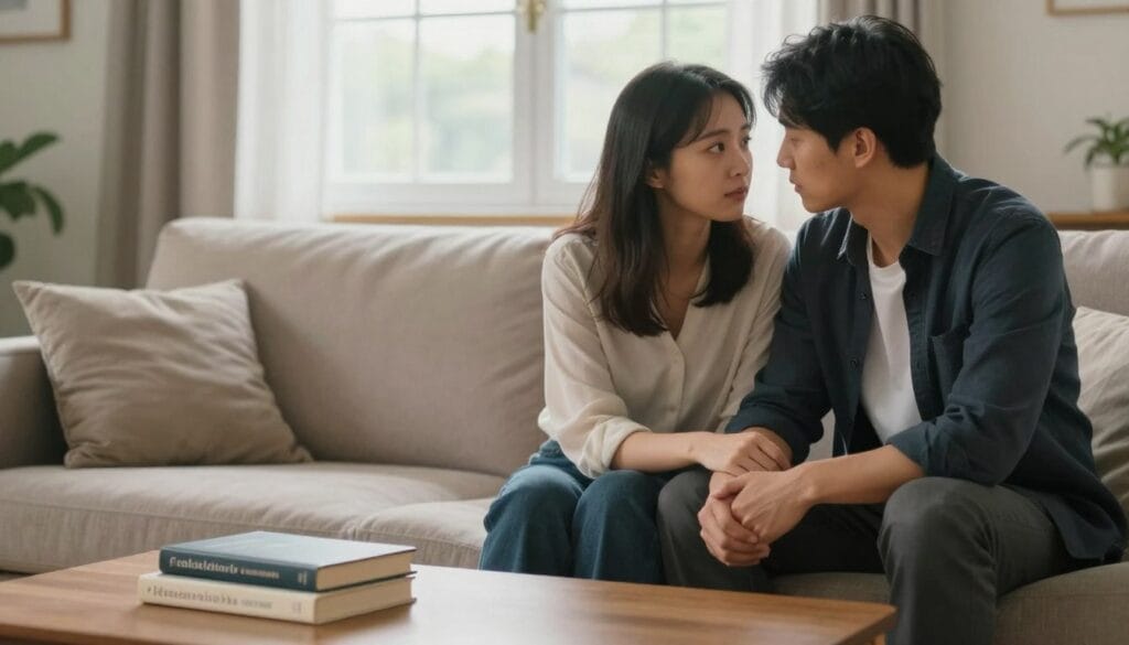 A serene and intimate setting in a softly lit room, featuring a couple seated on a comfortable sofa, both dressed in smart casual attire, reflecting a sense of connection and vulnerability. In the foreground, the couple gazes into each other's eyes, with subtle expressions conveying emotional depth and unspoken challenges. The middle ground showcases a coffee table with a couple of books on relationships and health, symbolizing their search for understanding and improvement. In the background, a softly blurred window allows gentle natural light to illuminate the scene, creating a warm and inviting atmosphere. The overall mood is thoughtful and introspective, capturing the essence of how erectile dysfunction can impact intimacy and overall quality of life, without any explicit imagery. A serene and intimate setting in a softly lit room, featuring a couple seated on a comfortable sofa, both dressed in smart casual attire, reflecting a sense of connection and vulnerability. In the foreground, the couple gazes into each other's eyes, with subtle expressions conveying emotional depth and unspoken challenges. The middle ground showcases a coffee table with a couple of books on relationships and health, symbolizing their search for understanding and improvement. In the background, a softly blurred window allows gentle natural light to illuminate the scene, creating a warm and inviting atmosphere. The overall mood is thoughtful and introspective, capturing the essence of how erectile dysfunction can impact intimacy and overall quality of life, without any explicit imagery.