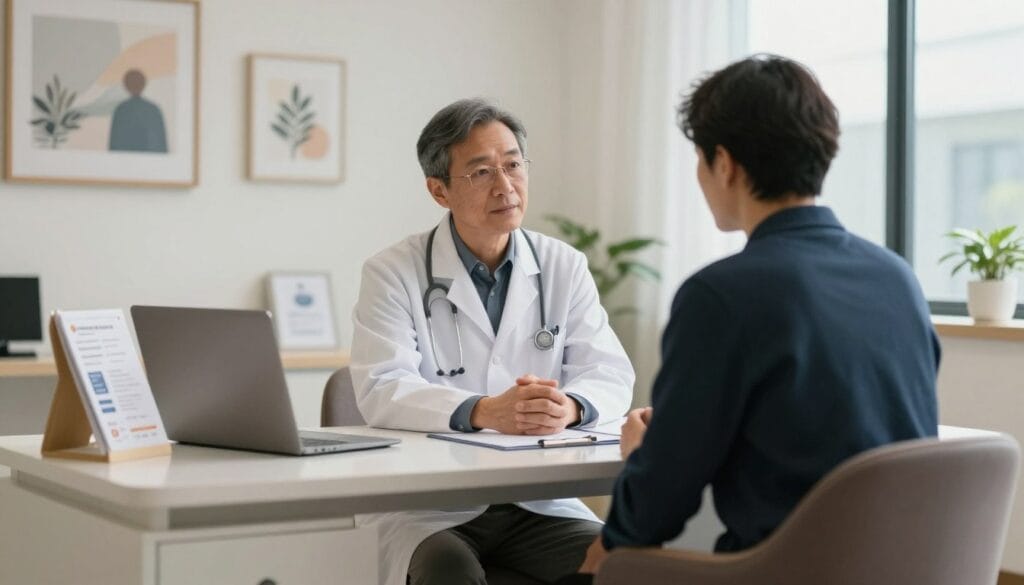 A serene and professional clinic interior focused on erectile dysfunction treatment. In the foreground, a discreet consultation area features a modern desk with health pamphlets and a comfortable chair, suggesting patient confidentiality. In the middle, a doctor, dressed in professional business attire, is engaged in a thoughtful conversation with a patient, who is wearing smart casual clothing, displaying a sense of trust and openness. The background shows soothing artwork and soft lighting, creating a calming atmosphere to alleviate anxiety. Natural light filters through large windows, enhancing the inviting ambiance. The scene captures a sense of professionalism and support, reflective of specialized treatment expectations in a clinical environment. A serene and professional clinic interior focused on erectile dysfunction treatment. In the foreground, a discreet consultation area features a modern desk with health pamphlets and a comfortable chair, suggesting patient confidentiality. In the middle, a doctor, dressed in professional business attire, is engaged in a thoughtful conversation with a patient, who is wearing smart casual clothing, displaying a sense of trust and openness. The background shows soothing artwork and soft lighting, creating a calming atmosphere to alleviate anxiety. Natural light filters through large windows, enhancing the inviting ambiance. The scene captures a sense of professionalism and support, reflective of specialized treatment expectations in a clinical environment.