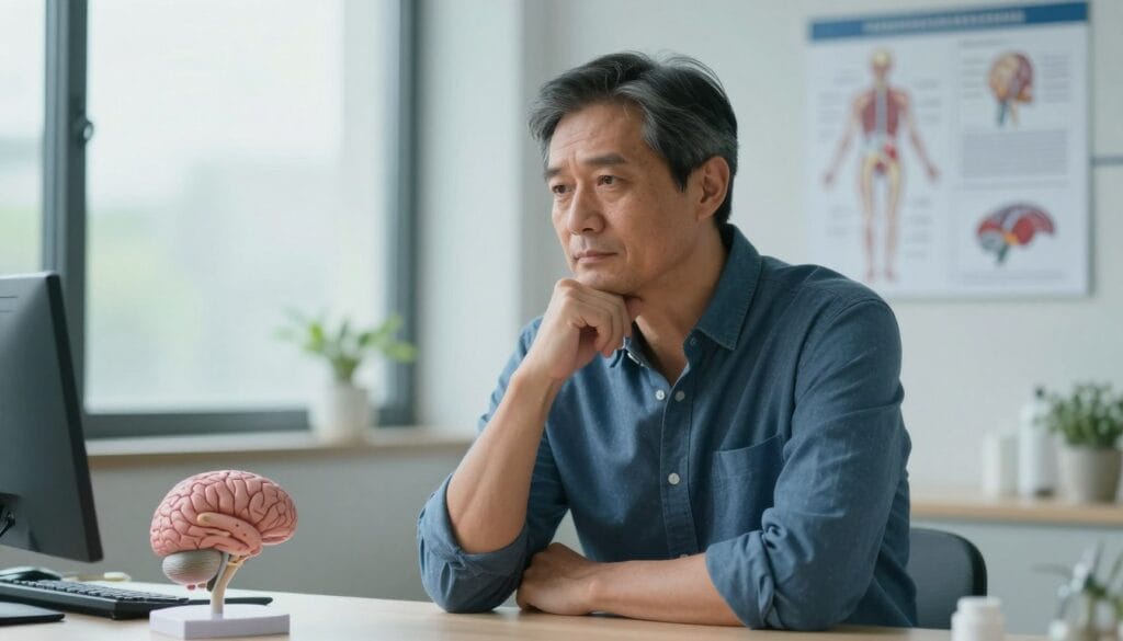 A serene and professional medical office setting illustrating the impact of neurological diseases on erectile dysfunction. In the foreground, a thoughtful middle-aged man in smart casual attire appears contemplative, surrounded by anatomical models of the brain and nerves. The middle ground features medical charts depicting neurological pathways and their relation to sexual health. In the background, a large window offers a soft, natural light illuminating the space, enhancing the calm atmosphere. The color palette should consist of soothing blues and greens, creating an environment of comfort and professionalism. The overall mood should evoke a sense of seriousness and hope, reflecting the complexity of the subject matter while remaining respectful and informative. A serene and professional medical office setting illustrating the impact of neurological diseases on erectile dysfunction. In the foreground, a thoughtful middle-aged man in smart casual attire appears contemplative, surrounded by anatomical models of the brain and nerves. The middle ground features medical charts depicting neurological pathways and their relation to sexual health. In the background, a large window offers a soft, natural light illuminating the space, enhancing the calm atmosphere. The color palette should consist of soothing blues and greens, creating an environment of comfort and professionalism. The overall mood should evoke a sense of seriousness and hope, reflecting the complexity of the subject matter while remaining respectful and informative.