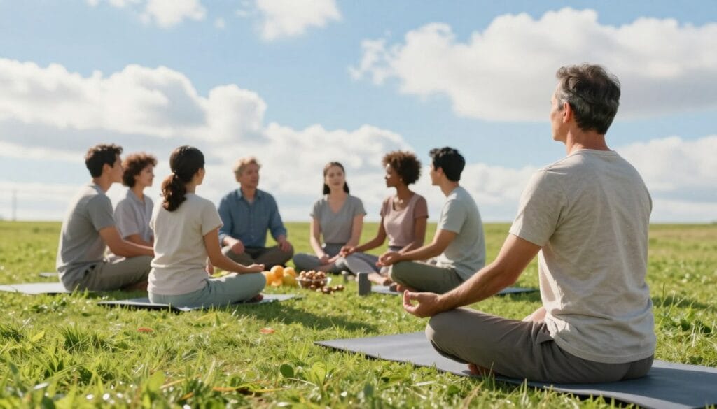A serene and uplifting image depicting a peaceful outdoor therapy session focusing on lifestyle changes for improving vitality. In the foreground, a middle-aged man in modest casual clothing is practicing yoga on a lush green lawn, showing a commitment to mindfulness and health. In the middle ground, a small group of diverse individuals, also in casual clothing, engage in a light-hearted group discussion while enjoying healthy snacks like fruits and nuts. The background features a bright blue sky with fluffy white clouds, symbolizing optimism and improvement. Soft, natural lighting casts gentle shadows, enhancing the tranquil atmosphere. The image should convey a sense of hope, community, and the positive effects of lifestyle changes on well-being, avoiding any explicit or suggestive content. A serene and uplifting image depicting a peaceful outdoor therapy session focusing on lifestyle changes for improving vitality. In the foreground, a middle-aged man in modest casual clothing is practicing yoga on a lush green lawn, showing a commitment to mindfulness and health. In the middle ground, a small group of diverse individuals, also in casual clothing, engage in a light-hearted group discussion while enjoying healthy snacks like fruits and nuts. The background features a bright blue sky with fluffy white clouds, symbolizing optimism and improvement. Soft, natural lighting casts gentle shadows, enhancing the tranquil atmosphere. The image should convey a sense of hope, community, and the positive effects of lifestyle changes on well-being, avoiding any explicit or suggestive content.