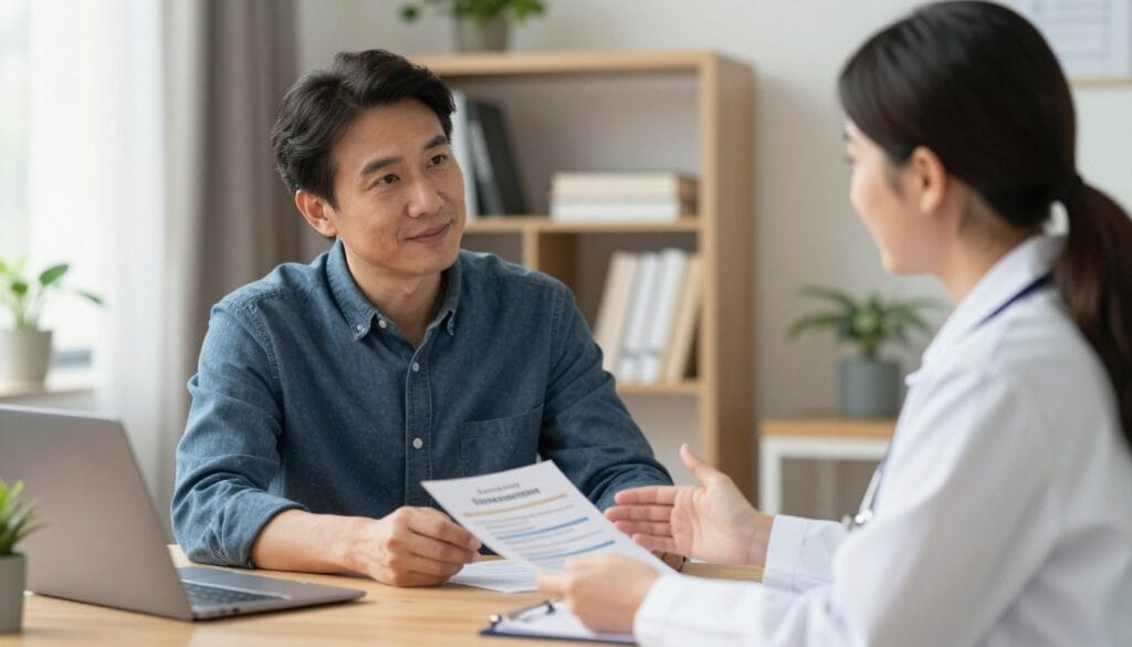 A serene, inviting office setting focused on a professional consultation about affordable erectile dysfunction treatments. In the foreground, a middle-aged man in smart-casual attire sits at a desk, attentively listening to a doctor. The doctor, a woman in a white coat, gestures towards a pamphlet outlining accessible treatment options on the desk. Behind them, a shelf filled with medical books and plants adds warmth to the atmosphere. Soft, natural light filters through a nearby window, creating a calm environment. The camera angle captures both subjects clearly, emphasizing their engaging interaction. The overall mood is supportive and informative, highlighting solutions for improving health and wellbeing. A serene, inviting office setting focused on a professional consultation about affordable erectile dysfunction treatments. In the foreground, a middle-aged man in smart-casual attire sits at a desk, attentively listening to a doctor. The doctor, a woman in a white coat, gestures towards a pamphlet outlining accessible treatment options on the desk. Behind them, a shelf filled with medical books and plants adds warmth to the atmosphere. Soft, natural light filters through a nearby window, creating a calm environment. The camera angle captures both subjects clearly, emphasizing their engaging interaction. The overall mood is supportive and informative, highlighting solutions for improving health and wellbeing.