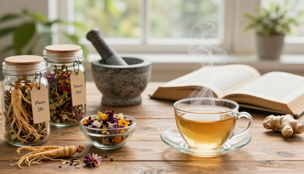 A serene, inviting scene showcasing a wooden table adorned with an assortment of herbal tea blends known for their medicinal properties related to erectile dysfunction. In the foreground, various glass jars filled with vibrant dried herbs and flowers such as ginseng, maca, and ginger, each labeled with elegant tags. Beside them, a steaming cup of herbal tea, wisps of vapor rising gracefully into the air. In the middle ground, a well-worn mortar and pestle and an open book on herbal remedies, pages gently flipping in a soft breeze. The background features a sunlit window with green plants, creating a calming atmosphere. The lighting is warm and natural, reminiscent of a cozy herbalist's workshop, capturing a sense of tranquility and healing. A serene, inviting scene showcasing a wooden table adorned with an assortment of herbal tea blends known for their medicinal properties related to erectile dysfunction. In the foreground, various glass jars filled with vibrant dried herbs and flowers such as ginseng, maca, and ginger, each labeled with elegant tags. Beside them, a steaming cup of herbal tea, wisps of vapor rising gracefully into the air. In the middle ground, a well-worn mortar and pestle and an open book on herbal remedies, pages gently flipping in a soft breeze. The background features a sunlit window with green plants, creating a calming atmosphere. The lighting is warm and natural, reminiscent of a cozy herbalist's workshop, capturing a sense of tranquility and healing.