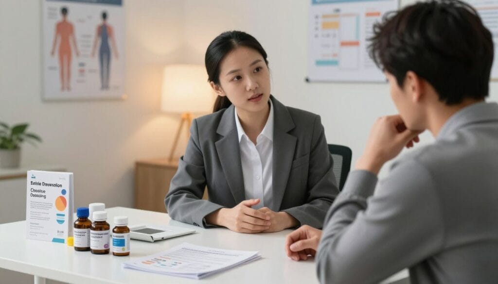 A serene medical office setting focused on erectile dysfunction treatment options. In the foreground, a table displays various medication bottles and informational brochures related to erectile dysfunction treatments, artistically arranged. In the middle, a healthcare professional, dressed in professional business attire, is engaging in a discussion with a patient, who is appearing relieved and attentive. The background features soft, ambient lighting, creating a comfortable atmosphere. A wall chart about erectile functioning and treatment duration hangs softly in the backdrop. The scene is captured from a slightly elevated angle, emphasizing the dialogue and the informative setting. The overall mood is supportive and educational, reflecting a professional approach to sensitive health matters. A serene medical office setting focused on erectile dysfunction treatment options. In the foreground, a table displays various medication bottles and informational brochures related to erectile dysfunction treatments, artistically arranged. In the middle, a healthcare professional, dressed in professional business attire, is engaging in a discussion with a patient, who is appearing relieved and attentive. The background features soft, ambient lighting, creating a comfortable atmosphere. A wall chart about erectile functioning and treatment duration hangs softly in the backdrop. The scene is captured from a slightly elevated angle, emphasizing the dialogue and the informative setting. The overall mood is supportive and educational, reflecting a professional approach to sensitive health matters.