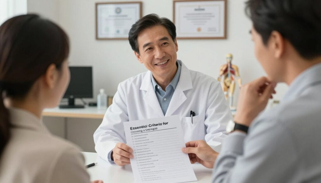 A serene medical office setting focused on the essential criteria for selecting a urologist. In the foreground, a thoughtful middle-aged man in professional business attire reviews a checklist titled "Essential Criteria for Choosing a Urologist," which includes items like qualifications, experience, and patient reviews. In the middle ground, a friendly urologist, wearing a white lab coat, is engaged in a professional discussion with a patient, both appearing approachable and confident. The background features a well-organized office with medical diplomas on the wall, anatomical models, and soft, warm lighting that creates a welcoming atmosphere. The scene should convey trust and professionalism, capturing the importance of informed decision-making in healthcare. A serene medical office setting focused on the essential criteria for selecting a urologist. In the foreground, a thoughtful middle-aged man in professional business attire reviews a checklist titled "Essential Criteria for Choosing a Urologist," which includes items like qualifications, experience, and patient reviews. In the middle ground, a friendly urologist, wearing a white lab coat, is engaged in a professional discussion with a patient, both appearing approachable and confident. The background features a well-organized office with medical diplomas on the wall, anatomical models, and soft, warm lighting that creates a welcoming atmosphere. The scene should convey trust and professionalism, capturing the importance of informed decision-making in healthcare.