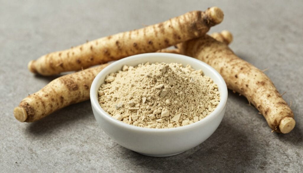A small bowl of Maca Peruana powder next to whole roots on a stone background, earthy and natural tones. A small bowl of Maca Peruana powder next to whole roots on a stone background, earthy and natural tones.