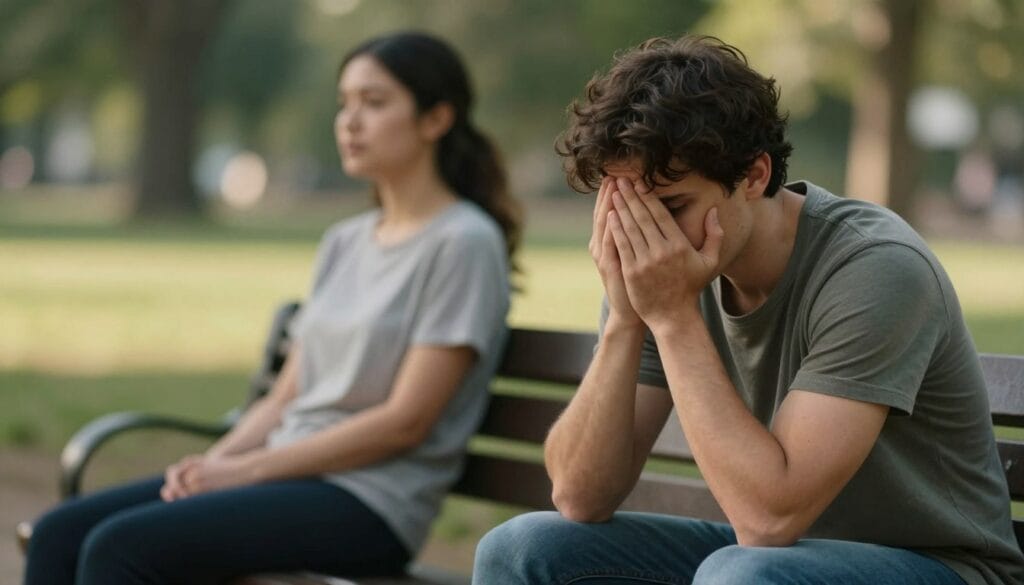 A somber and introspective scene depicting the emotional impact of erectile dysfunction on a partner. In the foreground, a concerned individual, dressed in modest casual clothing, sits on a park bench with their hands clasped, displaying a range of emotions from worry to sadness. The middle ground features a blurred figure, representing the partner, gazing into the distance, symbolizing a sense of isolation and reflection. In the background, a tranquil park setting with soft lighting enhances the mood, suggesting a quiet moment of contemplation. The lighting is warm and soft, highlighting the emotional weight of the situation. The angle is slightly elevated, capturing both characters in a poignant yet respectful way, evoking feelings of empathy and understanding. A somber and introspective scene depicting the emotional impact of erectile dysfunction on a partner. In the foreground, a concerned individual, dressed in modest casual clothing, sits on a park bench with their hands clasped, displaying a range of emotions from worry to sadness. The middle ground features a blurred figure, representing the partner, gazing into the distance, symbolizing a sense of isolation and reflection. In the background, a tranquil park setting with soft lighting enhances the mood, suggesting a quiet moment of contemplation. The lighting is warm and soft, highlighting the emotional weight of the situation. The angle is slightly elevated, capturing both characters in a poignant yet respectful way, evoking feelings of empathy and understanding.