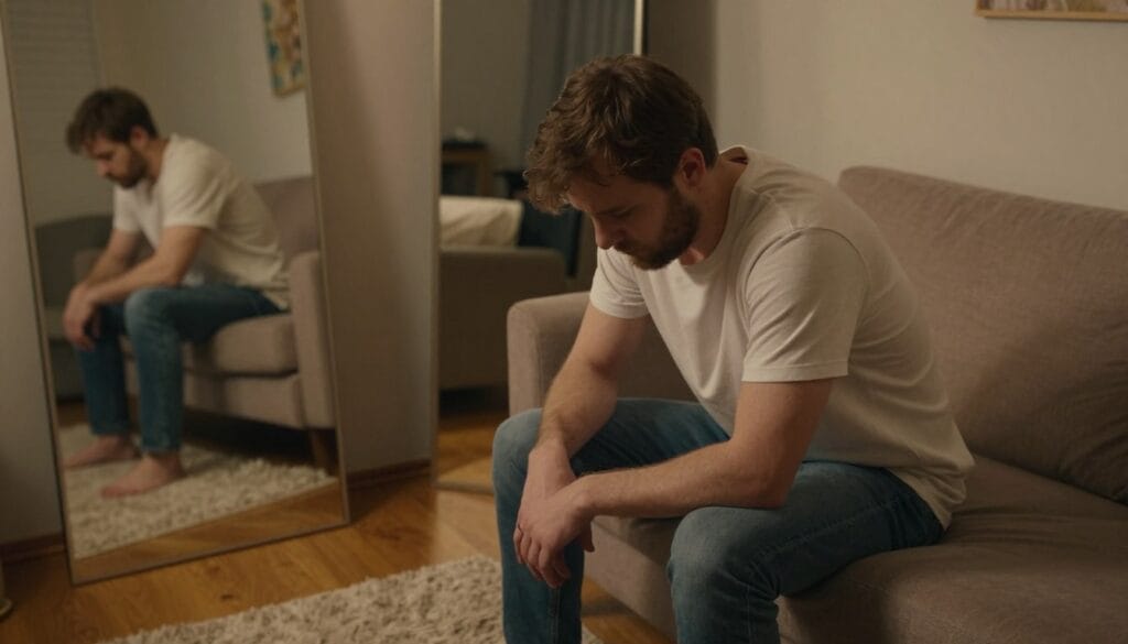 A somber, introspective scene depicting a man sitting on the edge of a couch in a softly lit room, dressed in modest casual clothing, like a plain t-shirt and jeans. His head is bowed, and his expression conveys deep contemplation about body image. Surrounding him are various reflections in mirrors that show different perspectives of himself, evoking a sense of dysmorphia and internal struggle. The lighting is warm but dim, creating a calming yet melancholic atmosphere. The background is filled with soothing colors, featuring soft textures like a plush rug and gentle wall art, emphasizing the emotional aspect of psychological challenges related to body image perception. The angle is slightly overhead, allowing a focus on his demeanor and the reflections. A somber, introspective scene depicting a man sitting on the edge of a couch in a softly lit room, dressed in modest casual clothing, like a plain t-shirt and jeans. His head is bowed, and his expression conveys deep contemplation about body image. Surrounding him are various reflections in mirrors that show different perspectives of himself, evoking a sense of dysmorphia and internal struggle. The lighting is warm but dim, creating a calming yet melancholic atmosphere. The background is filled with soothing colors, featuring soft textures like a plush rug and gentle wall art, emphasizing the emotional aspect of psychological challenges related to body image perception. The angle is slightly overhead, allowing a focus on his demeanor and the reflections.