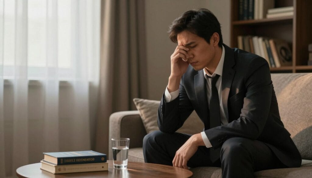 A somber man in his late 30s, dressed in professional business attire, sits alone on a couch in a softly lit room, gazing thoughtfully out of a window. His expression reflects deep introspection and emotional struggle, highlighting the impact of erectile dysfunction on his mental health. The foreground features a small coffee table with a few self-help books and a glass of water, suggesting an ongoing journey of self-improvement. In the middle ground, a draped curtain filters in soft, warm light, creating a comforting yet melancholic atmosphere. The background reveals a bookshelf filled with supportive literature, symbolizing hope and understanding. The overall mood conveys a sense of vulnerability mixed with the courage to seek help. A somber man in his late 30s, dressed in professional business attire, sits alone on a couch in a softly lit room, gazing thoughtfully out of a window. His expression reflects deep introspection and emotional struggle, highlighting the impact of erectile dysfunction on his mental health. The foreground features a small coffee table with a few self-help books and a glass of water, suggesting an ongoing journey of self-improvement. In the middle ground, a draped curtain filters in soft, warm light, creating a comforting yet melancholic atmosphere. The background reveals a bookshelf filled with supportive literature, symbolizing hope and understanding. The overall mood conveys a sense of vulnerability mixed with the courage to seek help.