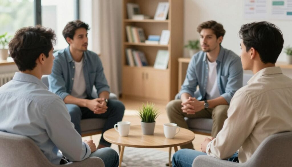 A supportive group of four men, engaged in a heartfelt conversation, sits in a cozy, well-lit community center room. The foreground features the men, dressed in casual yet professional clothing, sitting in a circle on comfortable chairs, each expressing empathy and understanding through their body language. In the middle ground, a coffee table with cups and a small plant adds a welcoming touch. The background has a soft-focus bookshelf filled with health books and pamphlets, creating an atmosphere of learning and support. Natural light streams in through a window, enhancing the warm and inviting mood of the scene, while a slight bokeh effect creates intimacy, drawing attention to the men and their discussion on men's health and treatment. A supportive group of four men, engaged in a heartfelt conversation, sits in a cozy, well-lit community center room. The foreground features the men, dressed in casual yet professional clothing, sitting in a circle on comfortable chairs, each expressing empathy and understanding through their body language. In the middle ground, a coffee table with cups and a small plant adds a welcoming touch. The background has a soft-focus bookshelf filled with health books and pamphlets, creating an atmosphere of learning and support. Natural light streams in through a window, enhancing the warm and inviting mood of the scene, while a slight bokeh effect creates intimacy, drawing attention to the men and their discussion on men's health and treatment.