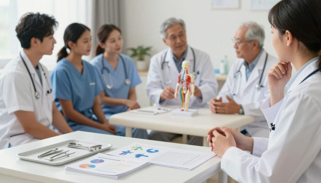 A thoughtful and professional setting focusing on post-procedure care for male health, including visual elements that represent recovery and proper care techniques. In the foreground, showcase a neatly arranged medical workspace featuring clean, well-organized instruments and recovery guides. In the middle, depict a diverse group of male healthcare professionals, dressed in professional attire, discussing and demonstrating safe recovery practices, using anatomical models to illustrate key points, all while maintaining a respectful and informative atmosphere. In the background, include soothing colors and soft lighting to create a calm environment, highlighting the importance of patient comfort and support. Emphasize a mood of reassurance and professionalism, promoting a sense of safety and understanding in post-procedure care.