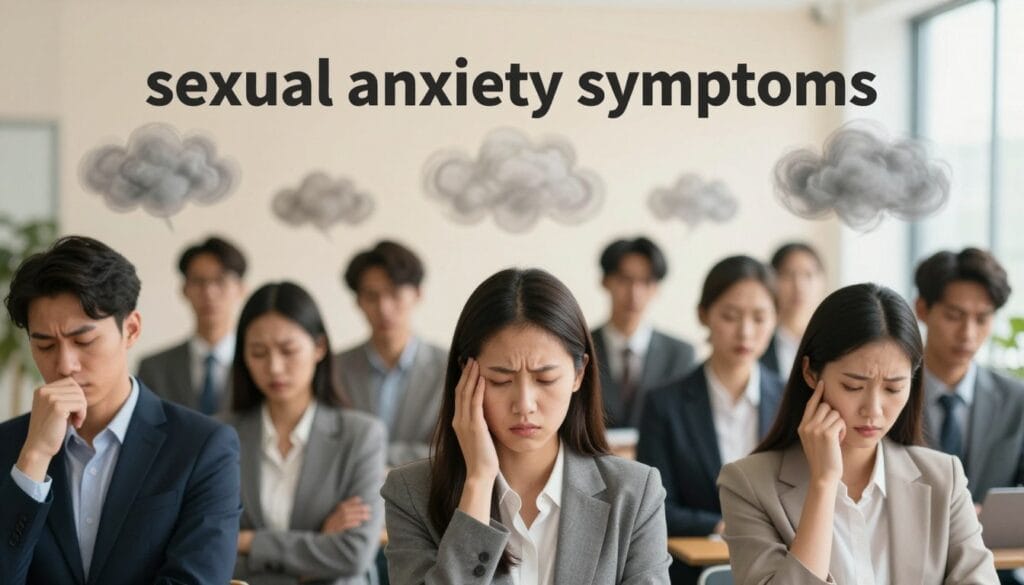 A thoughtful composition illustrating the concept of "sexual anxiety symptoms." In the foreground, a diverse group of individuals in professional business attire, expressing subtle emotions related to anxiety—focused expressions, slightly furrowed brows, and nervous body language. The middle ground features abstract representations of stress, such as swirling clouds or muted colors, hinting at inner turmoil. The background transitions into a serene environment—a calm office setting with soft, natural lighting filtering through large windows, suggesting hope and clarity. The overall atmosphere is a blend of tension and tranquility, reflecting the struggle between anxiety and stability. Use a wide-angle lens to capture all elements harmoniously, enhancing the emotional depth of the scene. The lighting should be soft with a warm tone to convey a sense of understanding and compassion. A thoughtful composition illustrating the concept of "sexual anxiety symptoms." In the foreground, a diverse group of individuals in professional business attire, expressing subtle emotions related to anxiety—focused expressions, slightly furrowed brows, and nervous body language. The middle ground features abstract representations of stress, such as swirling clouds or muted colors, hinting at inner turmoil. The background transitions into a serene environment—a calm office setting with soft, natural lighting filtering through large windows, suggesting hope and clarity. The overall atmosphere is a blend of tension and tranquility, reflecting the struggle between anxiety and stability. Use a wide-angle lens to capture all elements harmoniously, enhancing the emotional depth of the scene. The lighting should be soft with a warm tone to convey a sense of understanding and compassion.