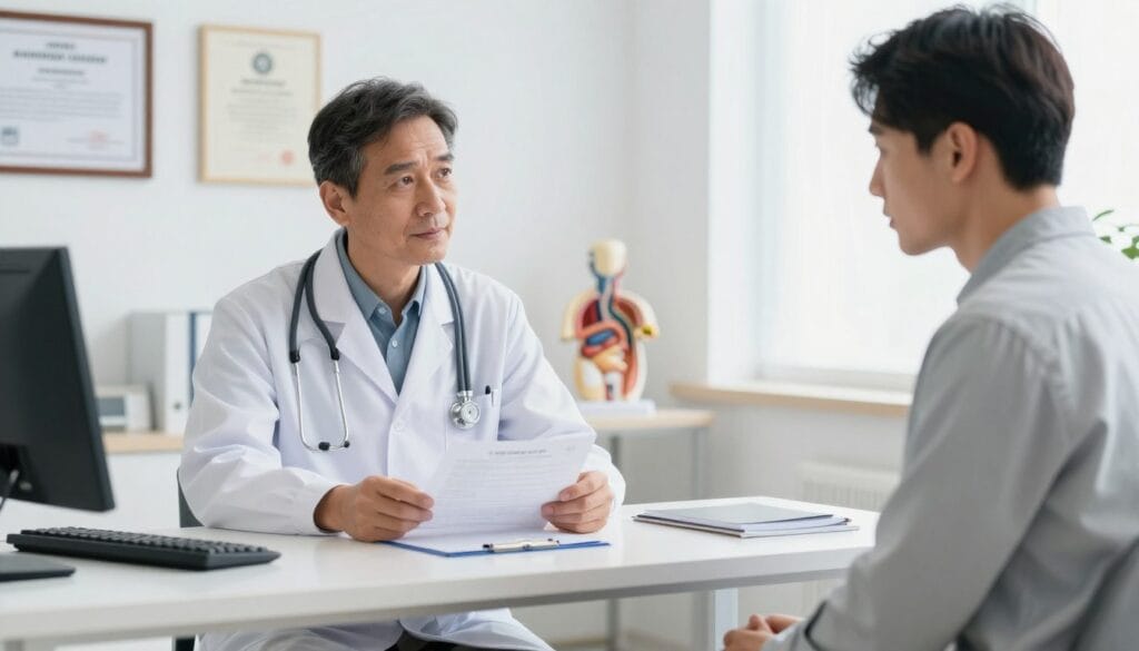 A urologist in a modern medical office, engaged in a professional consultation with a patient. The urologist is a middle-aged man, wearing a crisp white coat, a stethoscope around his neck, and diligently reviewing medical charts on a desk. The patient, a young adult male, sits attentively in a chair, dressed in business casual attire, looking concerned yet hopeful. The background features medical diplomas, anatomical models of the urinary system, and a bright window with natural light streaming in, adding warmth to the scene. Soft focus on the foreground ensures clarity on the urologist’s expression, highlighting a reassuring atmosphere. The overall mood conveys professionalism, trust, and a sense of care in a clinical setting.