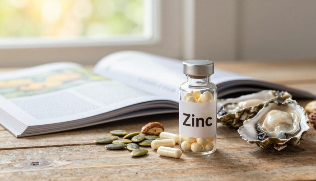 A vibrant still life composition highlighting the benefits of zinc for male health. In the foreground, a clear glass vial filled with zinc supplement capsules is artfully arranged beside a few natural food sources rich in zinc, like pumpkin seeds, nuts, and oysters, all presented on a rustic wooden table. The middle ground features a health-oriented magazine opened to a page discussing minerals, subtly hinting at their importance for vitality. In the background, a softly lit, serene environment enhances the mood, with warm natural light filtering through a window, creating a calm and inviting atmosphere. The focus is sharp on the foreground elements, utilizing a shallow depth of field to draw attention and evoke a sense of well-being and health consciousness. A vibrant still life composition highlighting the benefits of zinc for male health. In the foreground, a clear glass vial filled with zinc supplement capsules is artfully arranged beside a few natural food sources rich in zinc, like pumpkin seeds, nuts, and oysters, all presented on a rustic wooden table. The middle ground features a health-oriented magazine opened to a page discussing minerals, subtly hinting at their importance for vitality. In the background, a softly lit, serene environment enhances the mood, with warm natural light filtering through a window, creating a calm and inviting atmosphere. The focus is sharp on the foreground elements, utilizing a shallow depth of field to draw attention and evoke a sense of well-being and health consciousness.
