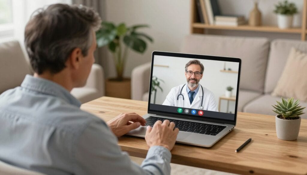 A virtual telemedicine consultation scene focused on erectile dysfunction. In the foreground, a middle-aged man in a smart casual shirt, sitting comfortably at home, engaging in a video call with a physician on his laptop. The physician, depicted on the screen, wears a white coat and has a friendly, professional demeanor. The middle ground shows a cozy, well-lit living room with plants and soft furnishings, creating a relaxed atmosphere. In the background, a shelf with medical books adds a sense of professionalism. The lighting is warm and inviting, highlighting the interaction. The image should convey a sense of ease and confidentiality, emphasizing the accessibility of telehealth services in a comfortable domestic environment. A virtual telemedicine consultation scene focused on erectile dysfunction. In the foreground, a middle-aged man in a smart casual shirt, sitting comfortably at home, engaging in a video call with a physician on his laptop. The physician, depicted on the screen, wears a white coat and has a friendly, professional demeanor. The middle ground shows a cozy, well-lit living room with plants and soft furnishings, creating a relaxed atmosphere. In the background, a shelf with medical books adds a sense of professionalism. The lighting is warm and inviting, highlighting the interaction. The image should convey a sense of ease and confidentiality, emphasizing the accessibility of telehealth services in a comfortable domestic environment.