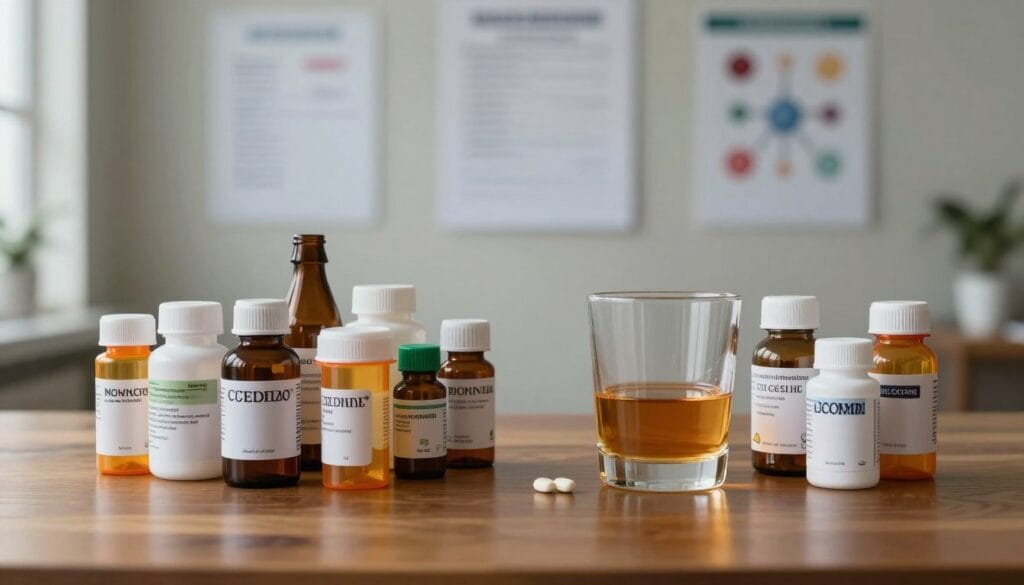 A visually striking image illustrating the dangerous interactions between medications and alcohol. In the foreground, a polished wooden table displays an array of prescription bottles and a glass of amber liquid, symbolizing alcohol. The bottles are diverse, showcasing different shapes and labels, some with warning symbols. The middle ground features a blurred doctor's office with medical charts on the wall, hinting at a clinical environment. Soft, diffused lighting from a nearby window casts gentle shadows, creating a serious yet informative atmosphere. The background includes faint outlines of various pill types, reinforcing the theme of medications. The overall mood is cautionary, emphasizing the gravity of mixing alcohol with medications. The composition creates a focus on safety and awareness without any human figures.