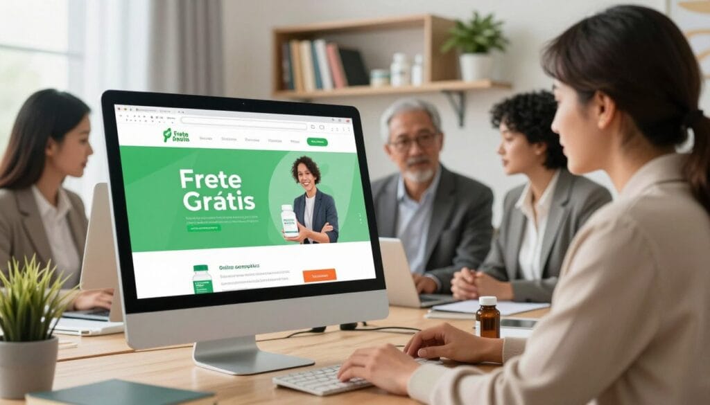 A vivid depiction of an online shopping scene focused on free shipping for health supplements. In the foreground, a stylish computer with a sleek design is open, displaying a website with a prominent "Frete Grátis" banner highlighted in bright green, symbolizing free shipping. In the middle, a diverse group of professional-looking individuals in business attire discusses the benefits of online shopping, emphasizing convenience. The background suggests a modern, well-lit home office environment with shelves filled with health and wellness books, and a potted plant adding a touch of nature. Soft, natural lighting enhances the welcoming atmosphere, creating a feeling of trust and reliability in the product selection and shipping policies. The perspective is slightly angled to capture both the individuals and the computer screen effectively. A vivid depiction of an online shopping scene focused on free shipping for health supplements. In the foreground, a stylish computer with a sleek design is open, displaying a website with a prominent "Frete Grátis" banner highlighted in bright green, symbolizing free shipping. In the middle, a diverse group of professional-looking individuals in business attire discusses the benefits of online shopping, emphasizing convenience. The background suggests a modern, well-lit home office environment with shelves filled with health and wellness books, and a potted plant adding a touch of nature. Soft, natural lighting enhances the welcoming atmosphere, creating a feeling of trust and reliability in the product selection and shipping policies. The perspective is slightly angled to capture both the individuals and the computer screen effectively.