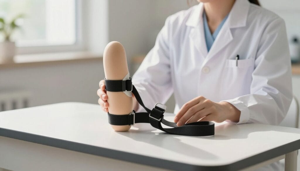 A well-designed penile traction device displayed on a sleek, modern table against a soft-focus background of a serene, calming clinic environment. The device should be depicted in the foreground, showcasing its adjustable straps and ergonomic design, emphasizing its clinical efficiency. Natural light filters through a nearby window, creating gentle highlights and shadows that accentuate the contours of the device. In the middle ground, a medical professional in a neatly pressed lab coat is examining the device, symbolizing trust and expertise. The overall atmosphere is informative and professional, evoking a sense of reliability and safety, appropriate for an educational article.