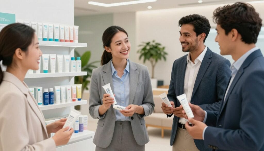 A well-lit, modern healthcare setting focused on men's health. In the foreground, a diverse group of three men in professional attire, smiling and discussing wellness strategies, holds topical gels and creams in their hands. In the middle ground, a display of various topical products on a sleek shelf, emphasizing health and well-being. The background features a calming waiting area with green plants and soft lighting, creating a welcoming atmosphere. The image captures a mood of empowerment and support, highlighting the theme of self-care and health awareness among men. Use a steady angle with a focus on the subjects and products, ensuring clarity and a professional look. A well-lit, modern healthcare setting focused on men's health. In the foreground, a diverse group of three men in professional attire, smiling and discussing wellness strategies, holds topical gels and creams in their hands. In the middle ground, a display of various topical products on a sleek shelf, emphasizing health and well-being. The background features a calming waiting area with green plants and soft lighting, creating a welcoming atmosphere. The image captures a mood of empowerment and support, highlighting the theme of self-care and health awareness among men. Use a steady angle with a focus on the subjects and products, ensuring clarity and a professional look.
