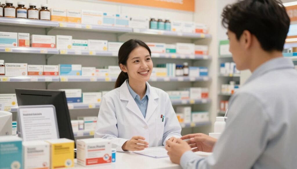 A well-lit pharmacy interior featuring a neatly organized counter displaying various packages of erectile health medications. In the foreground, a male customer in professional attire is engaged in a conversation with a friendly pharmacist, who is offering advice. The middle ground shows shelves stocked with health supplements and informational brochures on safe online purchasing. The background includes soft lighting with warm tones, creating a welcoming atmosphere. The scene captures a sense of trust and professionalism, ensuring a safe shopping experience. The angle is slightly tilted to emphasize the interaction while keeping the products in focus. The overall mood is reassuring and informative. A well-lit pharmacy interior featuring a neatly organized counter displaying various packages of erectile health medications. In the foreground, a male customer in professional attire is engaged in a conversation with a friendly pharmacist, who is offering advice. The middle ground shows shelves stocked with health supplements and informational brochures on safe online purchasing. The background includes soft lighting with warm tones, creating a welcoming atmosphere. The scene captures a sense of trust and professionalism, ensuring a safe shopping experience. The angle is slightly tilted to emphasize the interaction while keeping the products in focus. The overall mood is reassuring and informative.