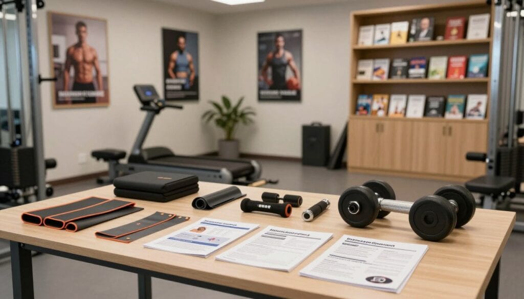 A well-organized and informative workspace depicting various common items and tools associated with male enhancement exercises. In the foreground, a neatly arranged table featuring exercise equipment such as resistance bands, weights, and instructional pamphlets, all presented professionally. In the middle ground, a modern, equipped gym or clinic environment, featuring motivational posters promoting health and fitness. Soft, ambient lighting enhances the atmosphere, creating a calm yet focused mood. The background features shelves lined with health and wellness books, conveying a sense of knowledge and expertise. Use a wide-angle lens to capture the entire space, ensuring all elements are in sharp focus, appealing to the viewer's sense of inquiry and professionalism. A well-organized and informative workspace depicting various common items and tools associated with male enhancement exercises. In the foreground, a neatly arranged table featuring exercise equipment such as resistance bands, weights, and instructional pamphlets, all presented professionally. In the middle ground, a modern, equipped gym or clinic environment, featuring motivational posters promoting health and fitness. Soft, ambient lighting enhances the atmosphere, creating a calm yet focused mood. The background features shelves lined with health and wellness books, conveying a sense of knowledge and expertise. Use a wide-angle lens to capture the entire space, ensuring all elements are in sharp focus, appealing to the viewer's sense of inquiry and professionalism.