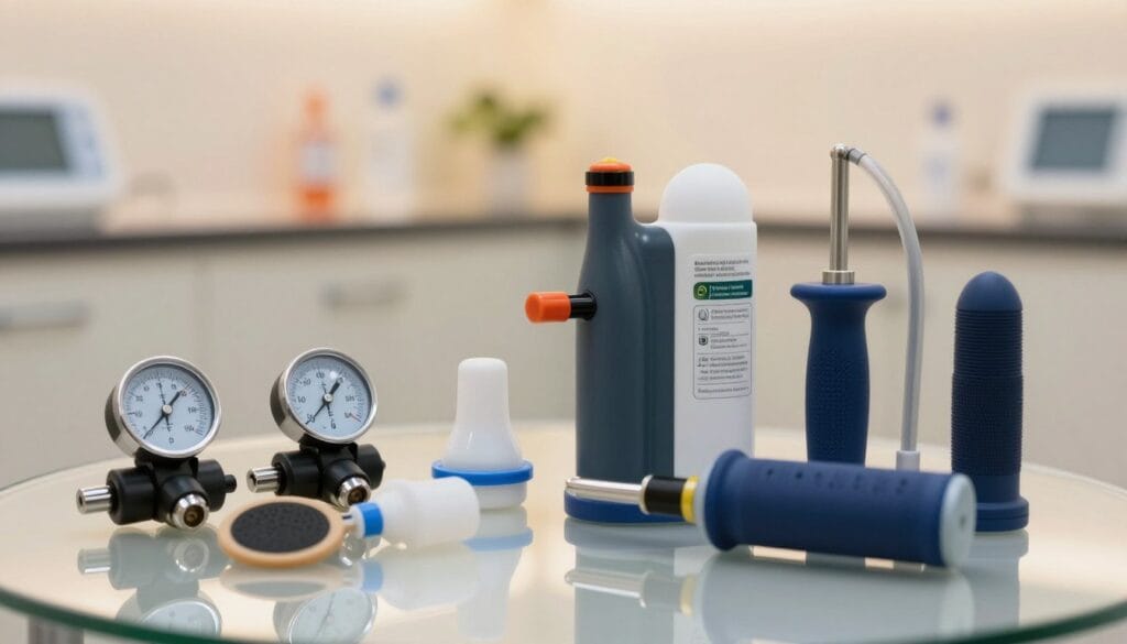 A well-organized display of essential safety resources for a penile pump, set against a clean, clinical background. In the foreground, showcase a variety of safety features such as adjustable pressure gauges, ergonomic grips, and protective padding, all meticulously arranged on a reflective surface. The middle ground should feature a sleek penile pump with visible instructions on safe operation, emphasizing user-friendliness. The background should consist of a softly lit medical setting, enhancing a reassuring atmosphere. Use soft, warm lighting to evoke a sense of trust and professionalism, with a focus on showcasing the safety tools without any human subjects. The image should be captured at a subtle angle, highlighting the details and functionality of the safety resources, creating a visually engaging and informative representation. A well-organized display of essential safety resources for a penile pump, set against a clean, clinical background. In the foreground, showcase a variety of safety features such as adjustable pressure gauges, ergonomic grips, and protective padding, all meticulously arranged on a reflective surface. The middle ground should feature a sleek penile pump with visible instructions on safe operation, emphasizing user-friendliness. The background should consist of a softly lit medical setting, enhancing a reassuring atmosphere. Use soft, warm lighting to evoke a sense of trust and professionalism, with a focus on showcasing the safety tools without any human subjects. The image should be captured at a subtle angle, highlighting the details and functionality of the safety resources, creating a visually engaging and informative representation.