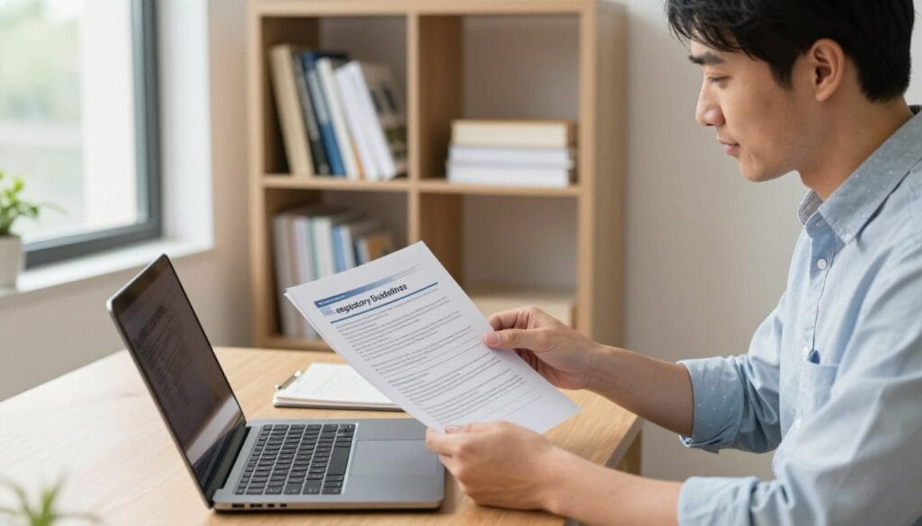A well-organized office setting featuring an open laptop with a clear view of a document titled "Regulatory Guidelines." In the foreground, a professional-looking man in a smart casual outfit is reviewing the document, demonstrating a focused expression. In the middle, a bookshelf filled with health-related publications and reference materials on dietary supplements is visible, symbolizing knowledge and authority. In the background, a large window allows natural light to illuminate the room, creating a warm and inviting atmosphere. The overall mood exudes professionalism and trust, aligning with the theme of consumer safety and regulatory oversight by health authorities. The angle is slightly from above, providing a comprehensive view of the workspace while keeping the focus on the document and the individual. A well-organized office setting featuring an open laptop with a clear view of a document titled "Regulatory Guidelines." In the foreground, a professional-looking man in a smart casual outfit is reviewing the document, demonstrating a focused expression. In the middle, a bookshelf filled with health-related publications and reference materials on dietary supplements is visible, symbolizing knowledge and authority. In the background, a large window allows natural light to illuminate the room, creating a warm and inviting atmosphere. The overall mood exudes professionalism and trust, aligning with the theme of consumer safety and regulatory oversight by health authorities. The angle is slightly from above, providing a comprehensive view of the workspace while keeping the focus on the document and the individual.