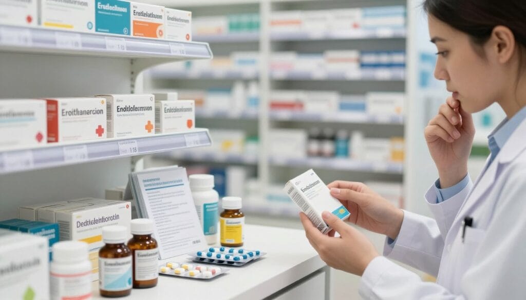A well-organized pharmacy shelf displaying an array of erectile dysfunction medications, including boxes and bottles with clear labeling. In the foreground, a medical professional in business attire examines a medication box, showing a thoughtful expression. In the middle, a well-lit counter filled with various pill packets, illustrating the variety of options available, alongside some informational brochures about safe use and contraindications. The background features a blurred image of shelves filled with more pharmaceutical products, emphasizing a clinical environment. The overall atmosphere is professional and informative, with soft, natural lighting creating a calm and reassuring mood, enhancing the focus on safety and responsible medication use. A shallow depth of field keeps the viewer's attention on the healthcare professional and the medication. A well-organized pharmacy shelf displaying an array of erectile dysfunction medications, including boxes and bottles with clear labeling. In the foreground, a medical professional in business attire examines a medication box, showing a thoughtful expression. In the middle, a well-lit counter filled with various pill packets, illustrating the variety of options available, alongside some informational brochures about safe use and contraindications. The background features a blurred image of shelves filled with more pharmaceutical products, emphasizing a clinical environment. The overall atmosphere is professional and informative, with soft, natural lighting creating a calm and reassuring mood, enhancing the focus on safety and responsible medication use. A shallow depth of field keeps the viewer's attention on the healthcare professional and the medication.