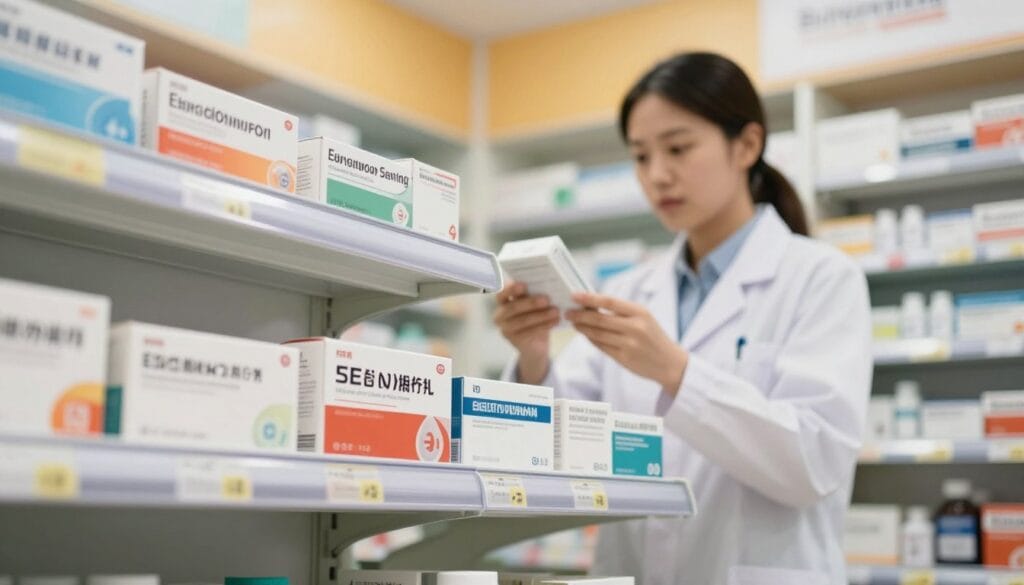 A well-organized pharmacy shelf filled with various erectile dysfunction medications. The foreground features neatly arranged boxes of tablets with distinct branding, emphasizing safety and authenticity, showcasing labels with regulatory approval icons. In the middle, a pharmacy technician in professional attire is carefully inspecting a product, displaying a focused expression, symbolizing trustworthiness. The background includes softly blurred shelves filled with other pharmaceutical products and a warm, inviting ambient light that gives a sense of professionalism and safety. The overall atmosphere is calm and reassuring, encouraging consumers to feel confident in their choice of purchasing medications at a licensed pharmacy. The camera angle is slightly tilted upward, capturing depth and making the shelf the focal point without any annotations, text, or distractions. A well-organized pharmacy shelf filled with various erectile dysfunction medications. The foreground features neatly arranged boxes of tablets with distinct branding, emphasizing safety and authenticity, showcasing labels with regulatory approval icons. In the middle, a pharmacy technician in professional attire is carefully inspecting a product, displaying a focused expression, symbolizing trustworthiness. The background includes softly blurred shelves filled with other pharmaceutical products and a warm, inviting ambient light that gives a sense of professionalism and safety. The overall atmosphere is calm and reassuring, encouraging consumers to feel confident in their choice of purchasing medications at a licensed pharmacy. The camera angle is slightly tilted upward, capturing depth and making the shelf the focal point without any annotations, text, or distractions.