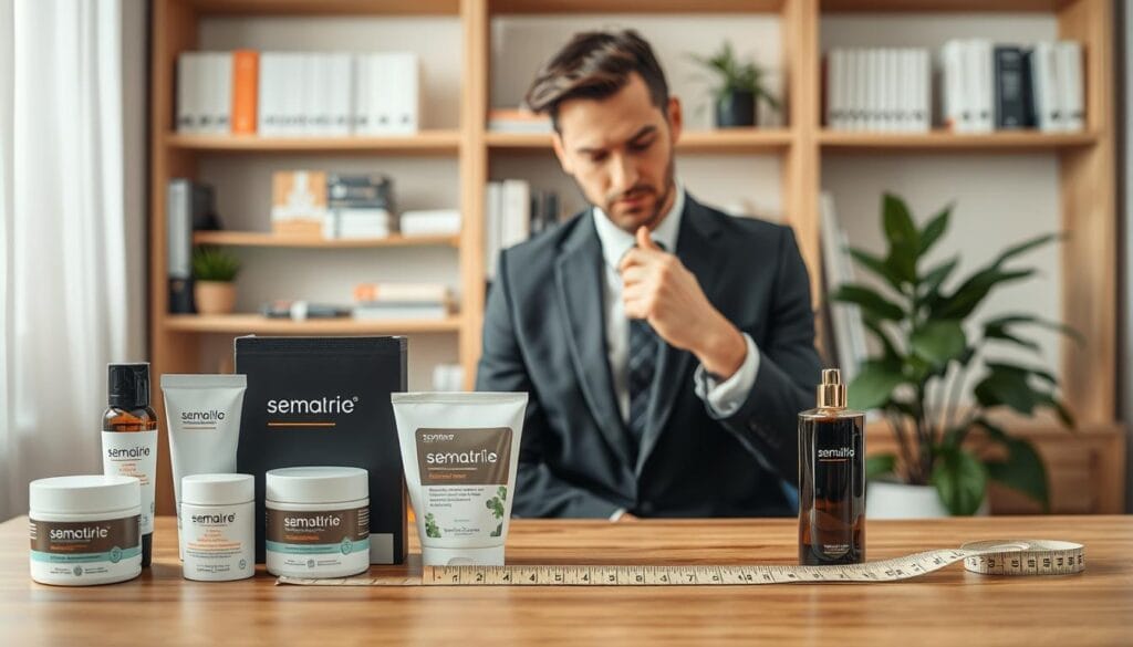 A well-organized workspace showcasing various non-intrusive methods and products designed to enhance male virility, with a focus on natural approaches to increasing circumference. In the foreground, a sleek wooden desk displays several product samples, such as creams and vacuum pumps in modern packaging, arranged neatly beside a measuring tape for comparison. In the middle ground, a professional-looking male figure in a business suit examines the products with a thoughtful expression, highlighting the serious and informative nature of the topic. The background features soft-focus shelves filled with health-related books and a calming plant, creating a warm and inviting atmosphere. Soft, natural lighting illuminates the workspace, enhancing the professionalism of the scene. A well-organized workspace showcasing various non-intrusive methods and products designed to enhance male virility, with a focus on natural approaches to increasing circumference. In the foreground, a sleek wooden desk displays several product samples, such as creams and vacuum pumps in modern packaging, arranged neatly beside a measuring tape for comparison. In the middle ground, a professional-looking male figure in a business suit examines the products with a thoughtful expression, highlighting the serious and informative nature of the topic. The background features soft-focus shelves filled with health-related books and a calming plant, creating a warm and inviting atmosphere. Soft, natural lighting illuminates the workspace, enhancing the professionalism of the scene.
