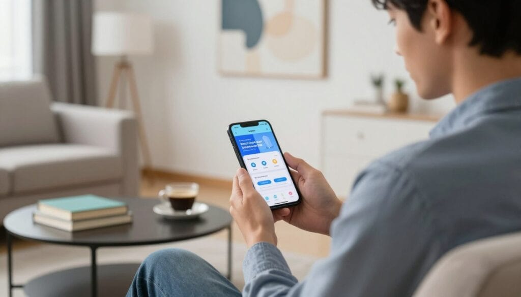 A young man, dressed in smart casual attire, is sitting comfortably in a modern living room, holding a smartphone. The screen of the phone displays a user-friendly health app interface focused on sexual health and well-being, with clear and inviting graphics. The foreground features the man intently engaging with the app, showcasing a sense of focus and hope. In the middle ground, a stylish coffee table with a few health-related books and a cup of coffee suggests a balanced lifestyle. The background reveals a softly lit room with abstract art on the walls, creating a warm and inviting atmosphere. The lighting is bright yet soft, enhancing a positive and productive mood while maintaining professionalism. The overall composition emphasizes the man's proactive approach to his health. A young man, dressed in smart casual attire, is sitting comfortably in a modern living room, holding a smartphone. The screen of the phone displays a user-friendly health app interface focused on sexual health and well-being, with clear and inviting graphics. The foreground features the man intently engaging with the app, showcasing a sense of focus and hope. In the middle ground, a stylish coffee table with a few health-related books and a cup of coffee suggests a balanced lifestyle. The background reveals a softly lit room with abstract art on the walls, creating a warm and inviting atmosphere. The lighting is bright yet soft, enhancing a positive and productive mood while maintaining professionalism. The overall composition emphasizes the man's proactive approach to his health.