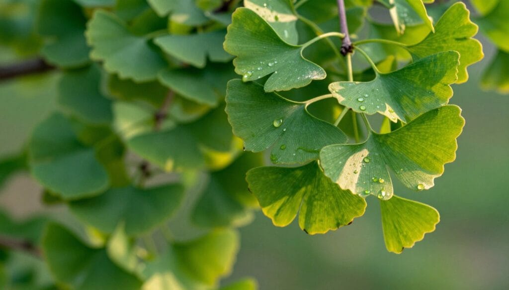 Artistic close-up of green Ginkgo Biloba leaves with morning dew, sunlight filtering through, vibrant colors. Artistic close-up of green Ginkgo Biloba leaves with morning dew, sunlight filtering through, vibrant colors.