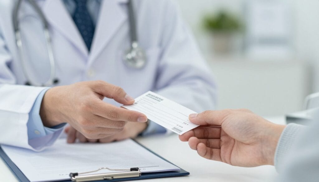 Close-up of a doctor's hand giving a prescription to a patient, medical setting, soft focus background, realistic style. Close-up of a doctor's hand giving a prescription to a patient, medical setting, soft focus background, realistic style.