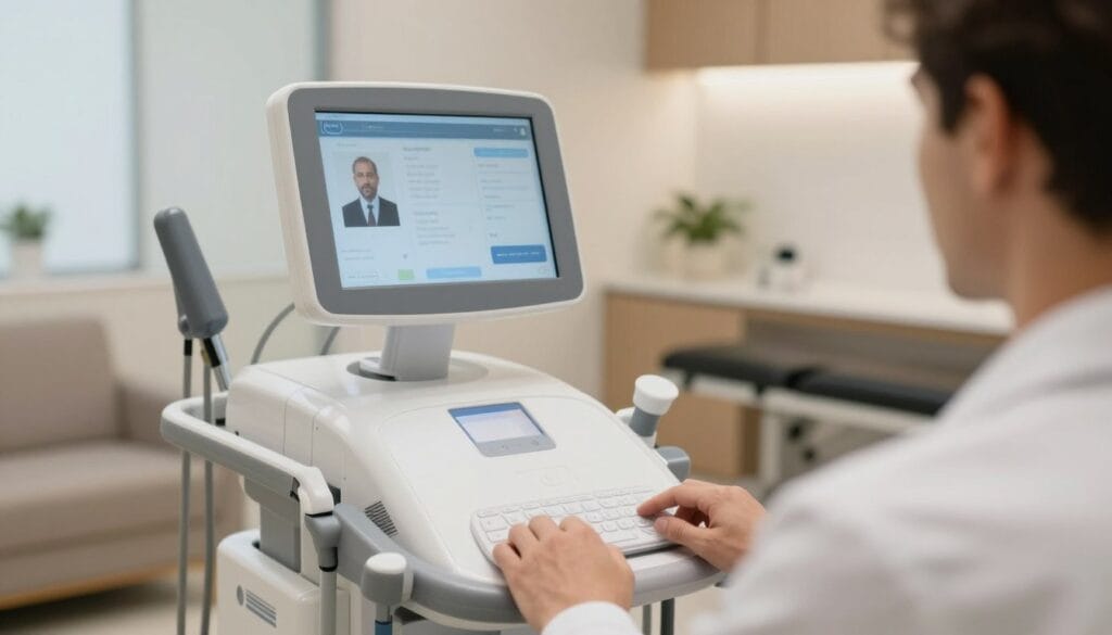 Close-up of a modern medical consultation room in São Paulo, featuring shockwave therapy equipment and a comfortable atmosphere for male sexual health consultations. Close-up of a modern medical consultation room in São Paulo, featuring shockwave therapy equipment and a comfortable atmosphere for male sexual health consultations.