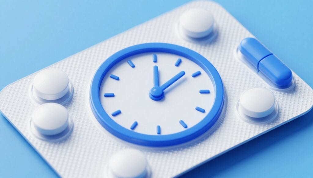Creative shot of a modern pill packaging with a clock symbol representing speed, blue and white tones. Creative shot of a modern pill packaging with a clock symbol representing speed, blue and white tones.