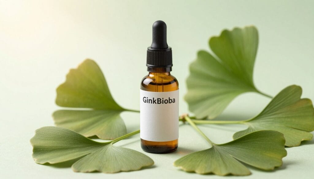 Extrato de Ginkgo Biloba em frasco conta-gotas com folhas verdes de ginkgo espalhadas ao redor, luz solar suave de manhã. Extrato de Ginkgo Biloba em frasco conta-gotas com folhas verdes de ginkgo espalhadas ao redor, luz solar suave de manhã.