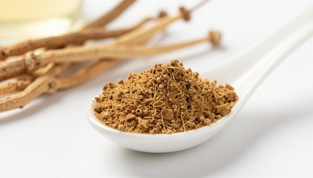 Foto em close de pó de extrato de Ashwagandha em uma colher de cerâmica branca, com raízes secas ao fundo em um ambiente zen. Foto em close de pó de extrato de Ashwagandha em uma colher de cerâmica branca, com raízes secas ao fundo em um ambiente zen.