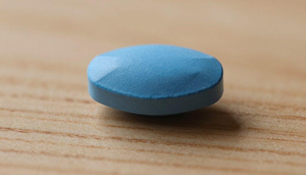 Fotografia realista de um comprimido azul em formato de diamante sobre uma superfície de madeira, iluminação suave, estilo farmacêutico profissional.