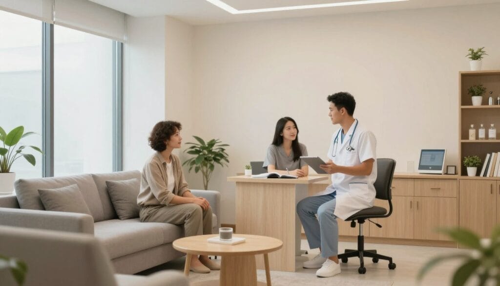 Fotografia realista de um consultório médico moderno e acolhedor, com iluminação suave e poltronas confortáveis para um casal, transmitindo uma atmosfera de segurança, privacidade e profissionalismo. Fotografia realista de um consultório médico moderno e acolhedor, com iluminação suave e poltronas confortáveis para um casal, transmitindo uma atmosfera de segurança, privacidade e profissionalismo.