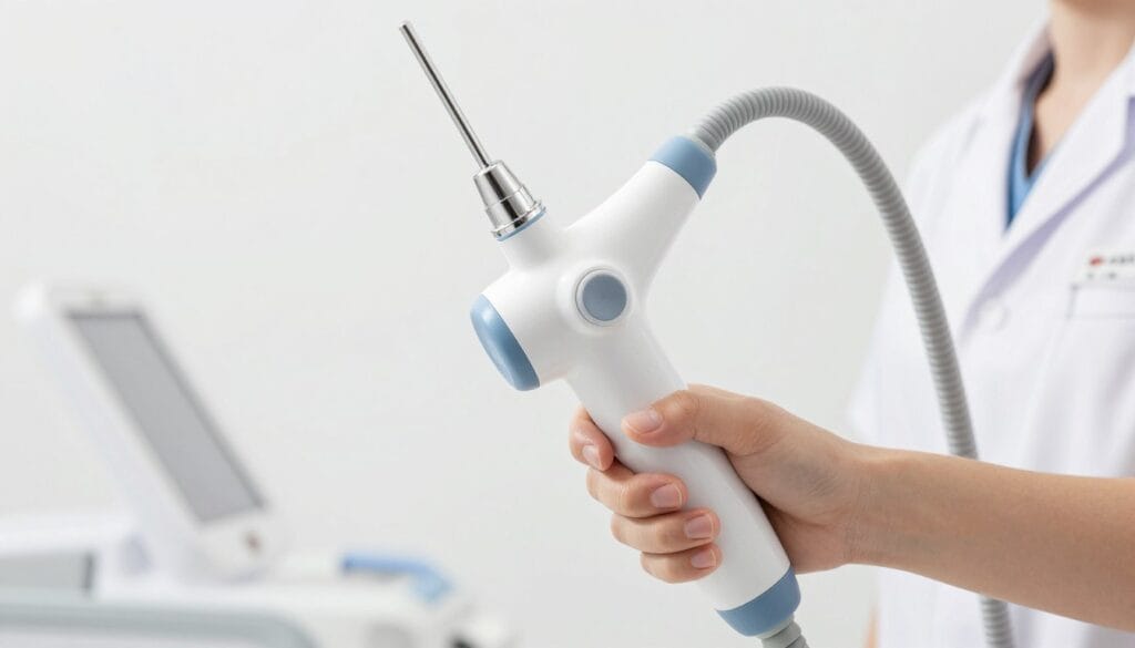 Fotografia realista de um dispositivo médico de vácuo para saúde masculina, design moderno e ergonômico em fundo branco clínico, iluminação suave, estilo profissional de saúde. Fotografia realista de um dispositivo médico de vácuo para saúde masculina, design moderno e ergonômico em fundo branco clínico, iluminação suave, estilo profissional de saúde.