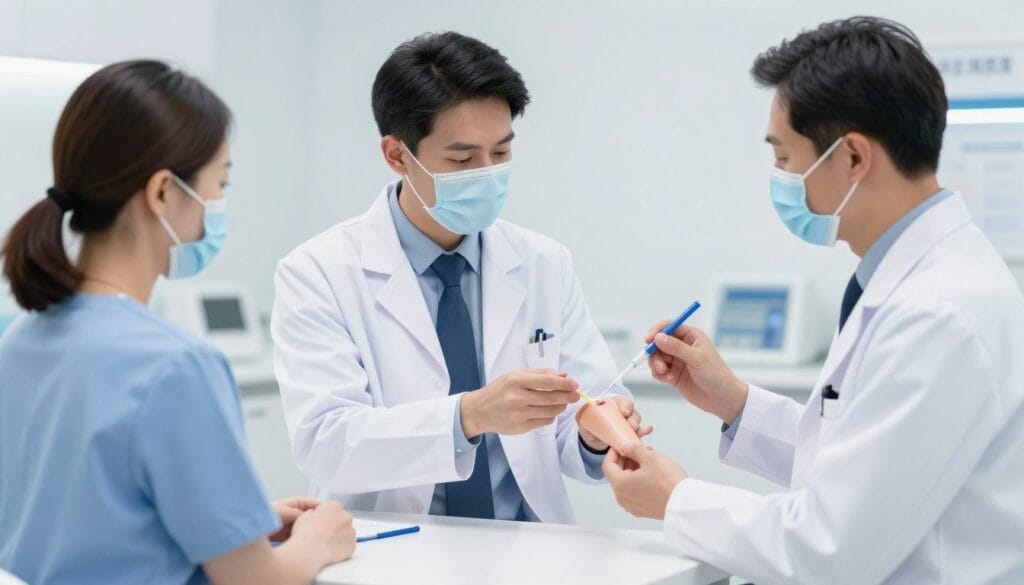 High-quality medical illustration of a professional healthcare setting explaining intracavernosal injection therapy for erectile dysfunction, clean and clinical atmosphere.