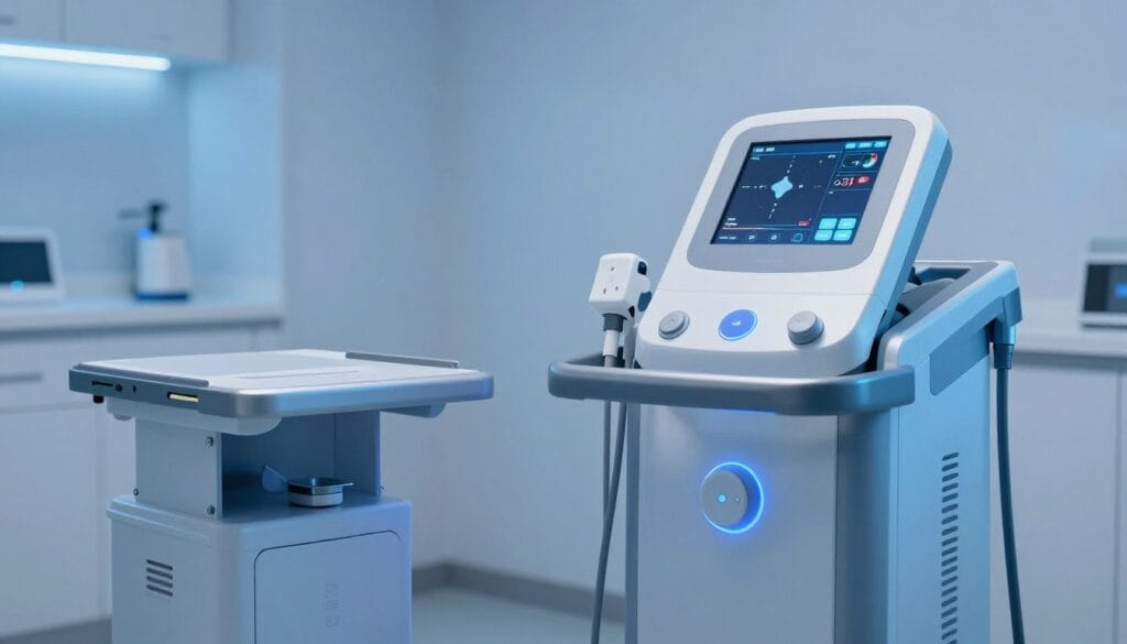 High-tech medical room with a shockwave therapy device focused on vascular health, soft blue lighting, professional clinical environment, realistic style, 4k. High-tech medical room with a shockwave therapy device focused on vascular health, soft blue lighting, professional clinical environment, realistic style, 4k.