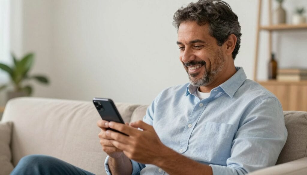 Imagem de alta qualidade mostrando um homem brasileiro de meia-idade sorrindo enquanto utiliza um smartphone para acessar o site de uma farmácia moderna, ambiente de sala de estar aconchegante, estilo fotográfico publicitário. Imagem de alta qualidade mostrando um homem brasileiro de meia-idade sorrindo enquanto utiliza um smartphone para acessar o site de uma farmácia moderna, ambiente de sala de estar aconchegante, estilo fotográfico publicitário.