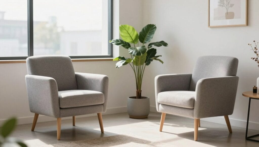 Imagem de um consultório de psicologia moderno e acolhedor, com duas poltronas confortáveis frente a frente, uma planta decorativa e luz natural suave entrando pela janela, transmitindo paz e diálogo. Imagem de um consultório de psicologia moderno e acolhedor, com duas poltronas confortáveis frente a frente, uma planta decorativa e luz natural suave entrando pela janela, transmitindo paz e diálogo.