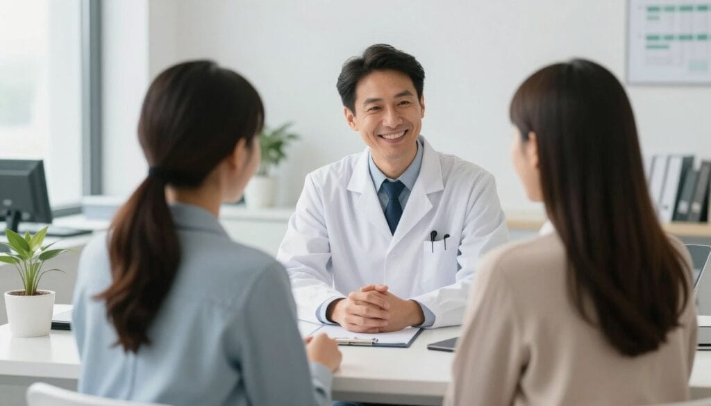 Imagem de um médico urologista sorridente em um consultório moderno, conversando de forma acolhedora com um casal sentado à sua frente, ambiente iluminado e profissional. Imagem de um médico urologista sorridente em um consultório moderno, conversando de forma acolhedora com um casal sentado à sua frente, ambiente iluminado e profissional.