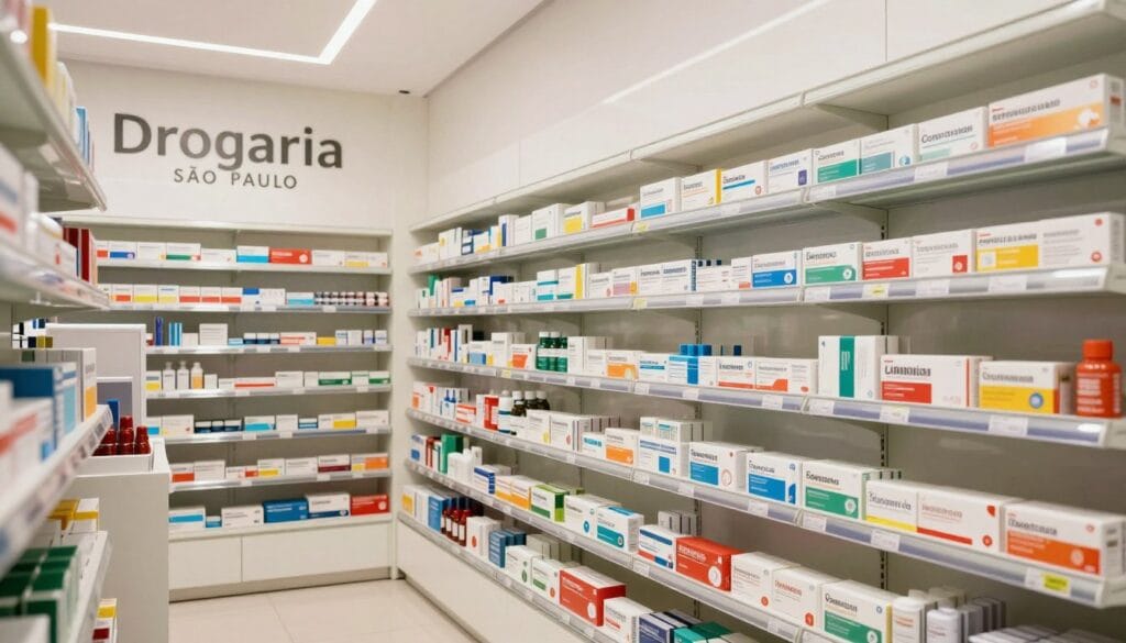 Interior of a modern Drogaria São Paulo pharmacy in Brazil, clean shelves with pharmaceutical products, bright professional lighting, 4k resolution, realistic style. Interior of a modern Drogaria São Paulo pharmacy in Brazil, clean shelves with pharmaceutical products, bright professional lighting, 4k resolution, realistic style.